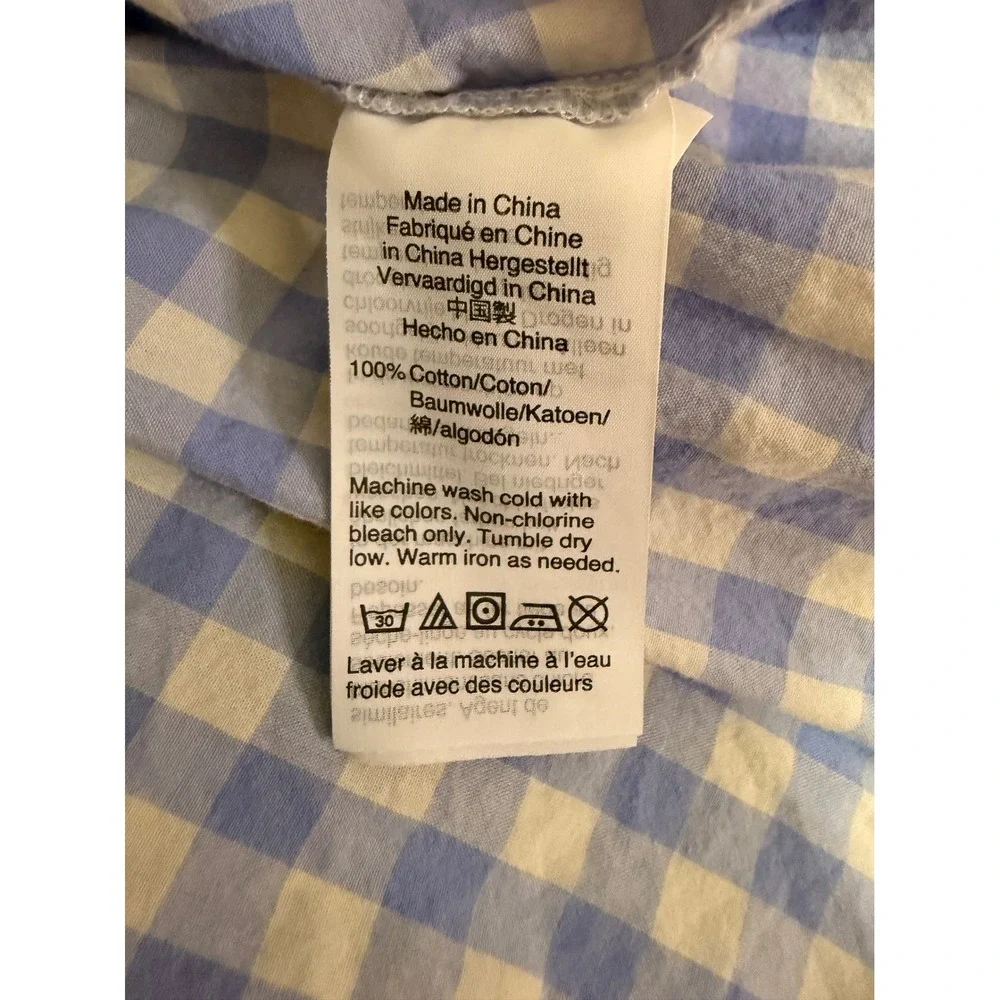 Madewell Gingham Peplum Top XS Blue White Bubble Puff Sleeve Faux Wrap‎ Blouse